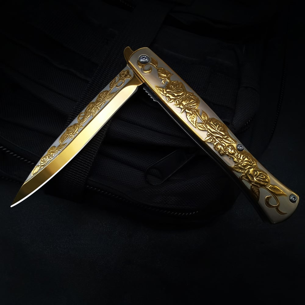 ⏰FREE SHIPPING NOW🔥🌹Vintage Luxury Gold Rose Design Spring Assisted Open EDC Blade Folding Survival Pocket Knife