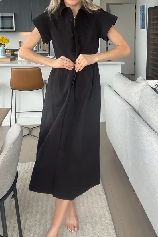 Women's Simple Waisted Single-breasted Short-sleeved Dress