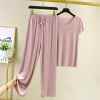 Soft Comfortable Ice Silk Short T-Shirt&Loose Wide-Leg Pants Two Piece Set