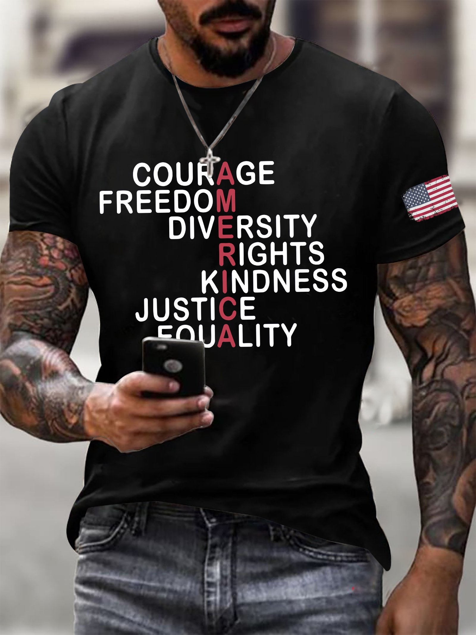 Men's Retro America Courage Freedom Diversity Rights Kindness Justice Equality Print T-Shirt