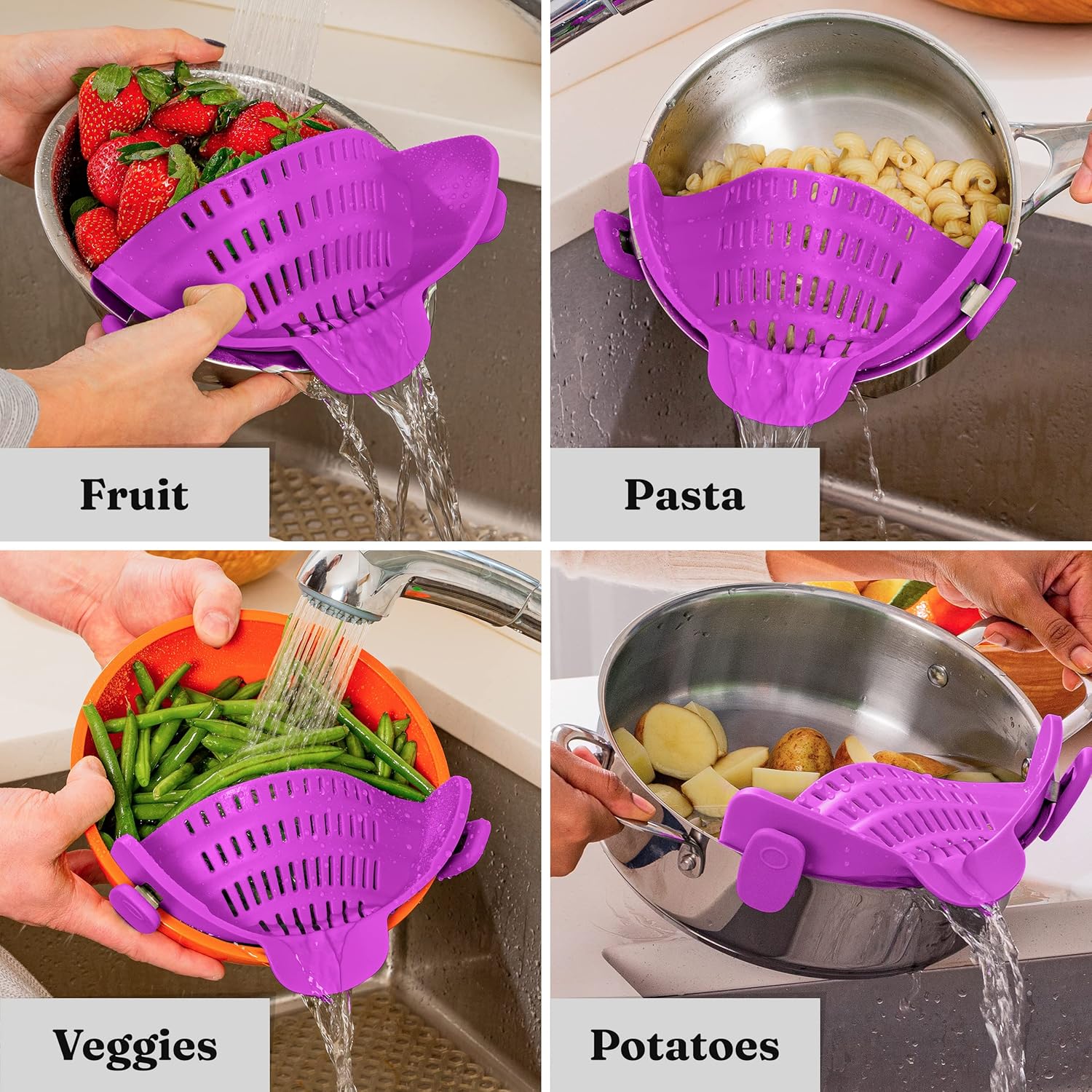 Kitchen Gizmo Snap N' Strain - Silicone Clip-On Colander, Heat Resistant Drainer for Vegetables and Pasta Noodles, Kitchen Gadgets for Bowl, Pots, and Pans - Essential Home Cooking Tools - Grey