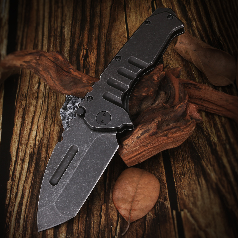 TOSAHWI Handmade Outdoor Black Steel Stonewashed Folding Knife-3691