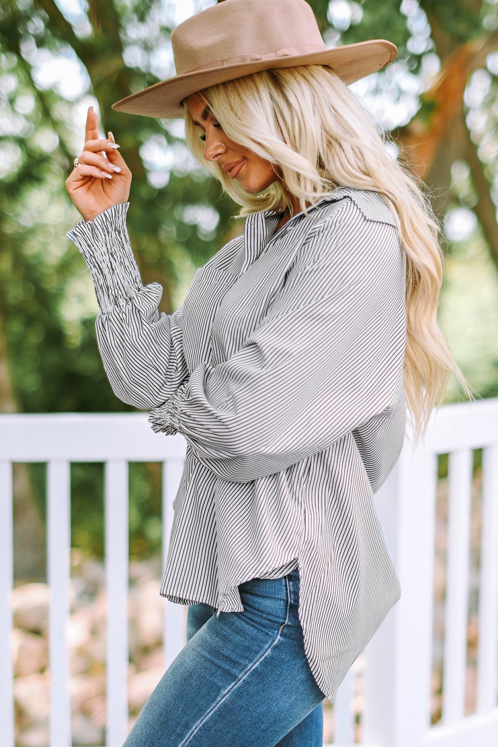 💥LAST DAY SALE 50% OFF💥Mid-Length Smocked Shirt With Striped Lapel And Oversized Drawdown Sleeves