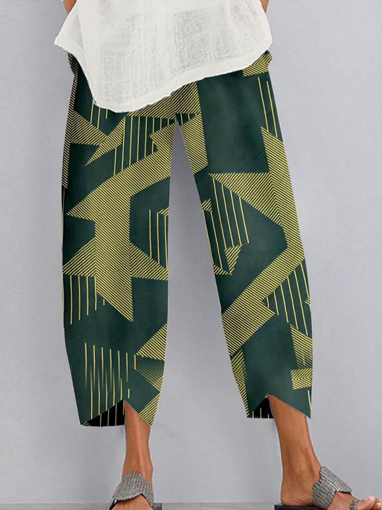 Women Loose Printed Solid Color Elastic Waist Pocket Pants