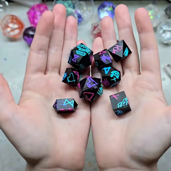 D&D Polyhedral Dice Set - Enchanted Blue and Purple Symbols