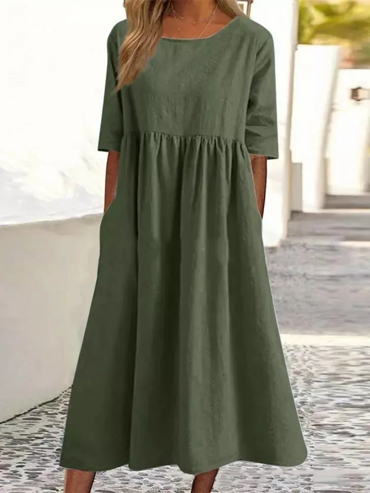 🔥(Last Day Promotion - 50% OFF) Women's Casual Basic Outdoor Crew Neck Pocket Smocked Cotton Dress