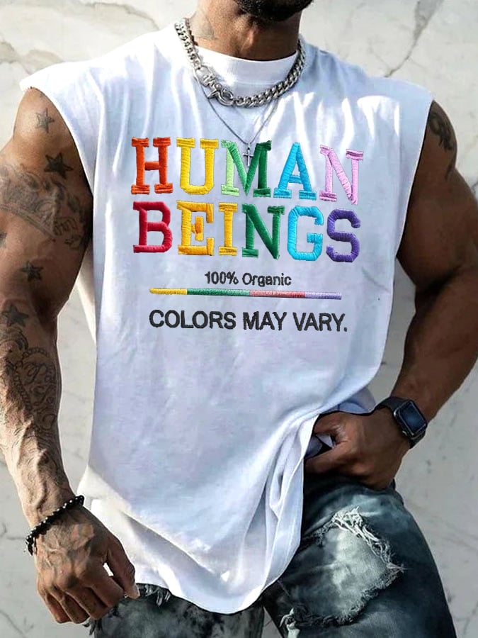 Retro Human Beings 100% Organic Colors May Vary Human Rights Equality Pride Print Tops Tank
