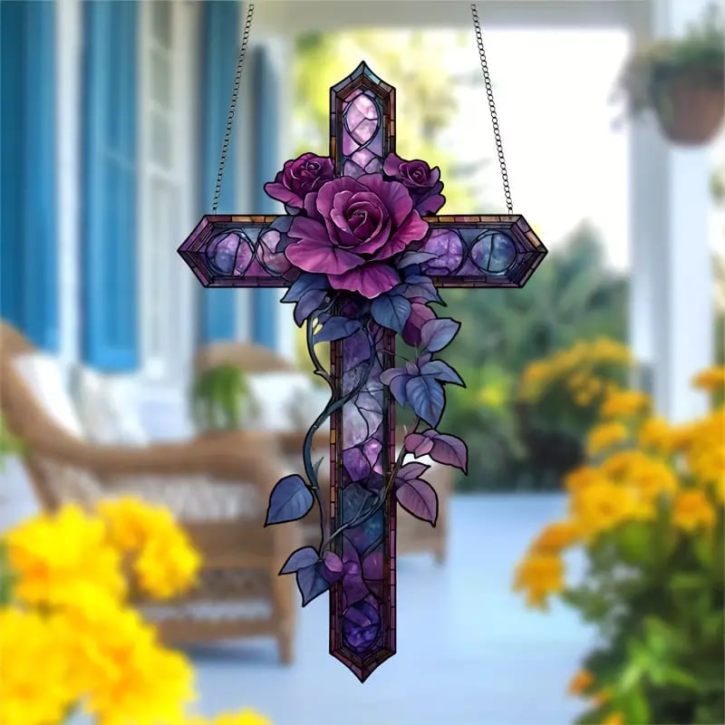 ✝️💜Purple Rose Cross Suncatcher Hanging Decor