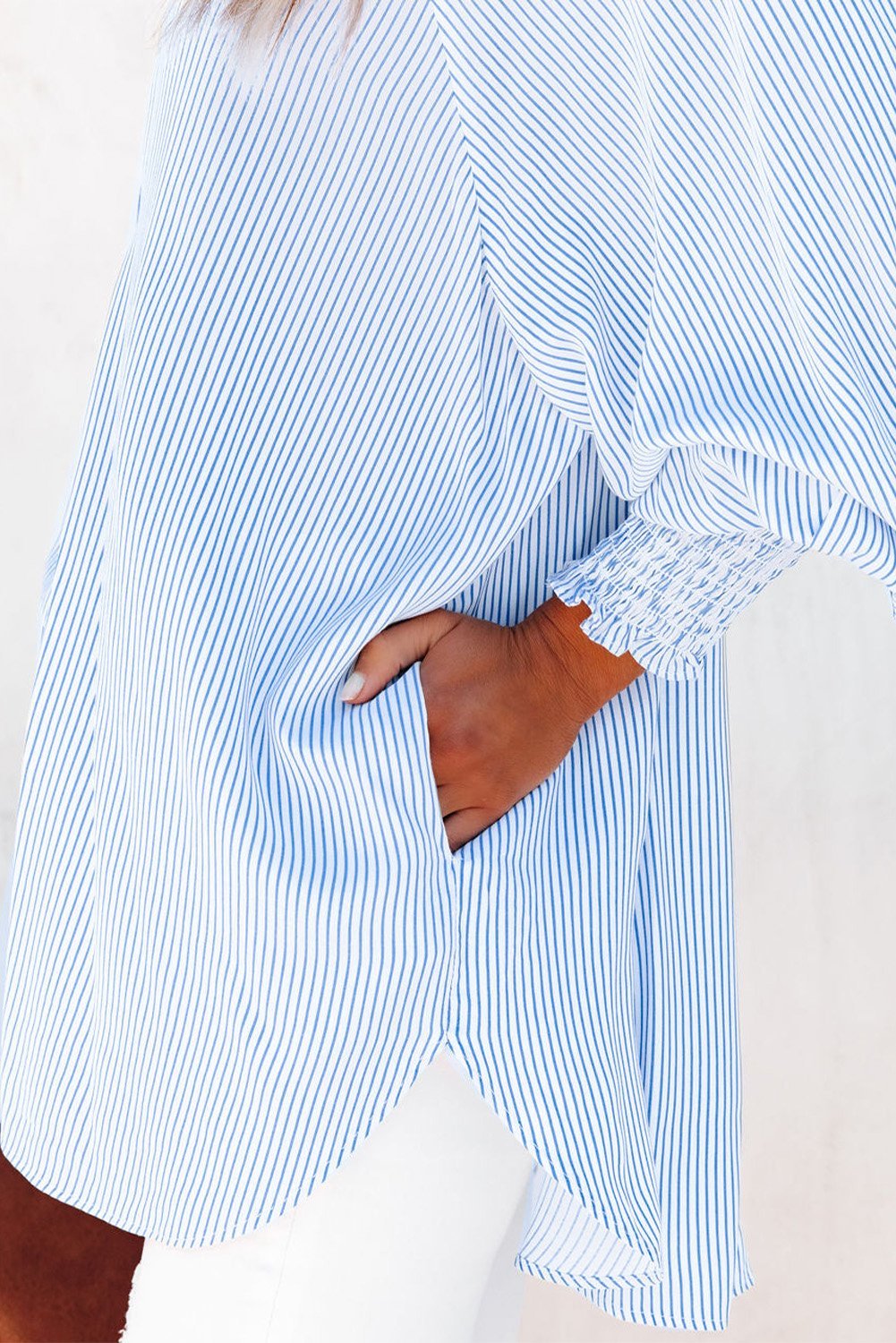 🏆️Mid-length smocked shirt with striped lapel and oversized drawdown sleeves