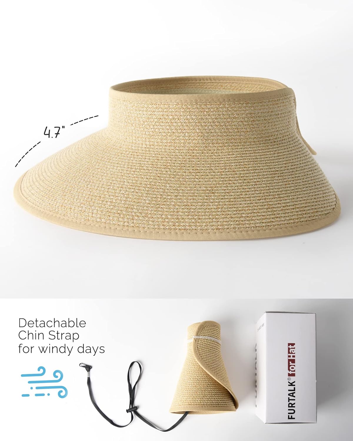 FURTALK Sun Visor Hats for Women Wide Brim Straw Roll-Up Ponytail Summer Beach Hat UV UPF Packable Foldable Travel