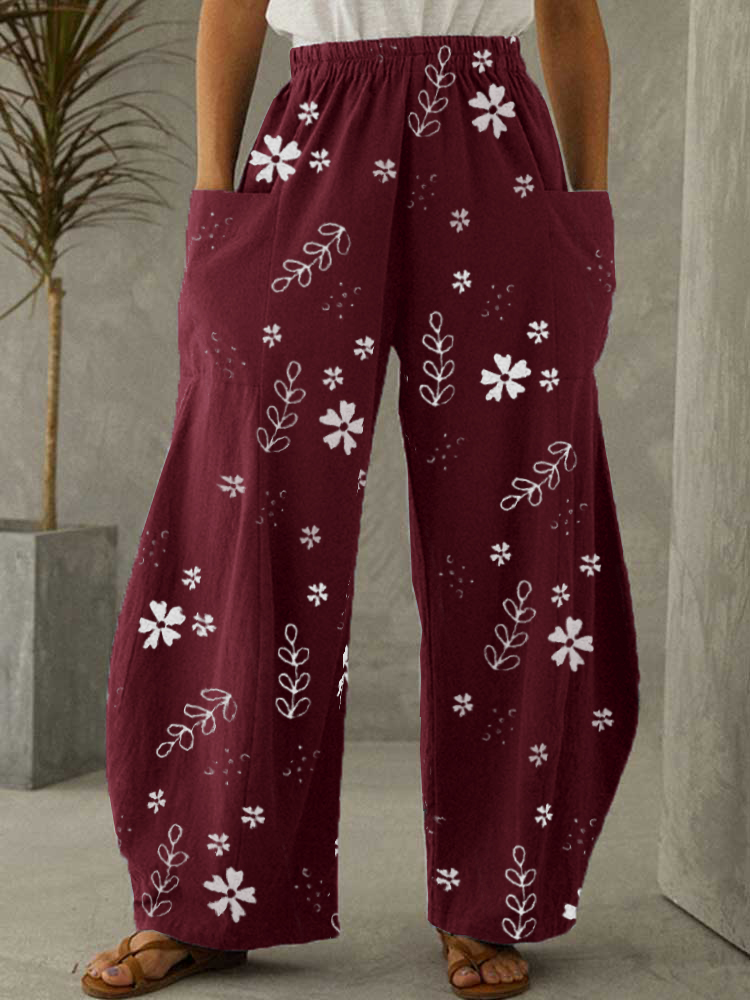 Women Cotton Pure Color Pocket Printing Pants