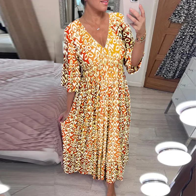 🔥Letzter Tag 49% Rabatt👗Bedrucktes Kleid mit V-Ausschnitt und weiten Ärmeln