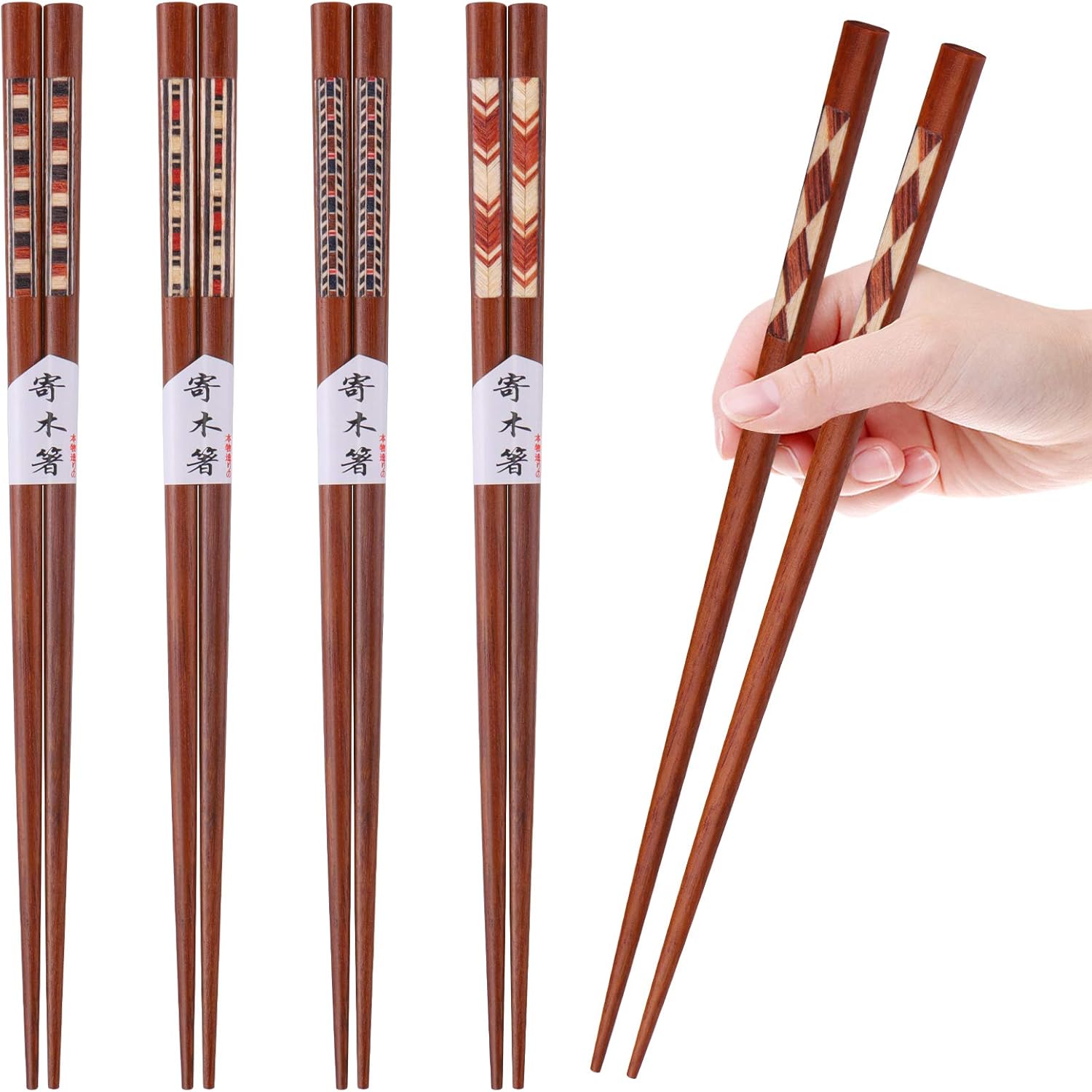 GLAMFIELDS Reusable Chopsticks Japanese Natural Wooden 5 Pairs Classic Style Lightweight Hand-Carved Safe Chop Sticks 8.8 Inch/22.5cm Gift Set