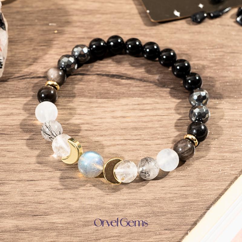 Triple Moon Protection Bracelet – Moonstone, Black Obsidian, Blue Tiger’s Eye, Hematite & Tourmalinated Quartz