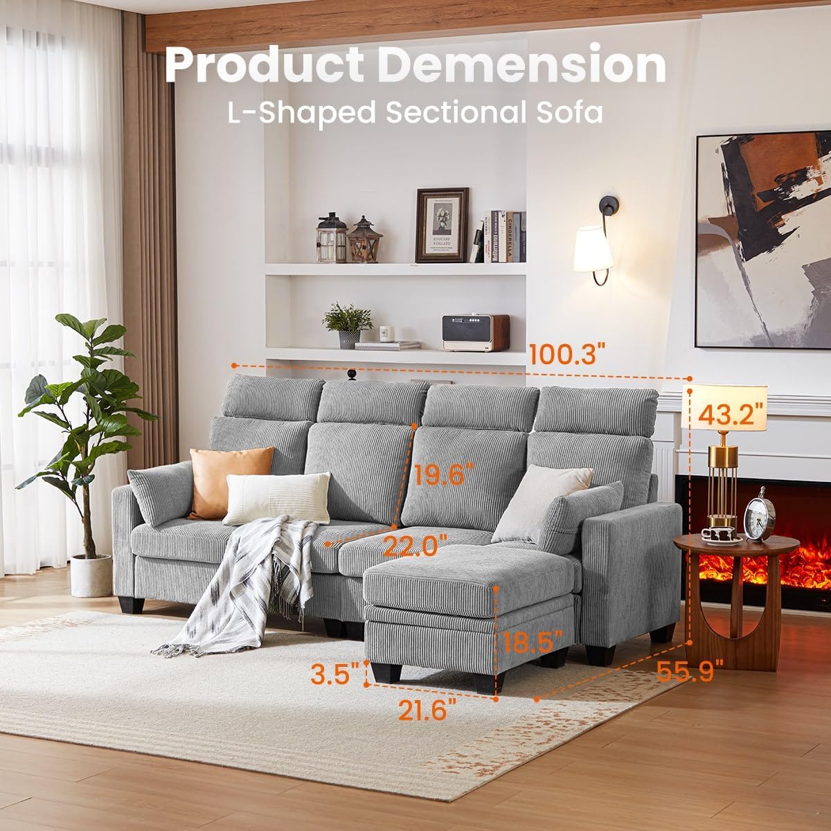 Corduroy Sectional Couch with Ottoman Chaise, L Shaped 4-seat Sofa for Living Room, Apartment, Lounge, Modern Armrest Neck Support Furniture