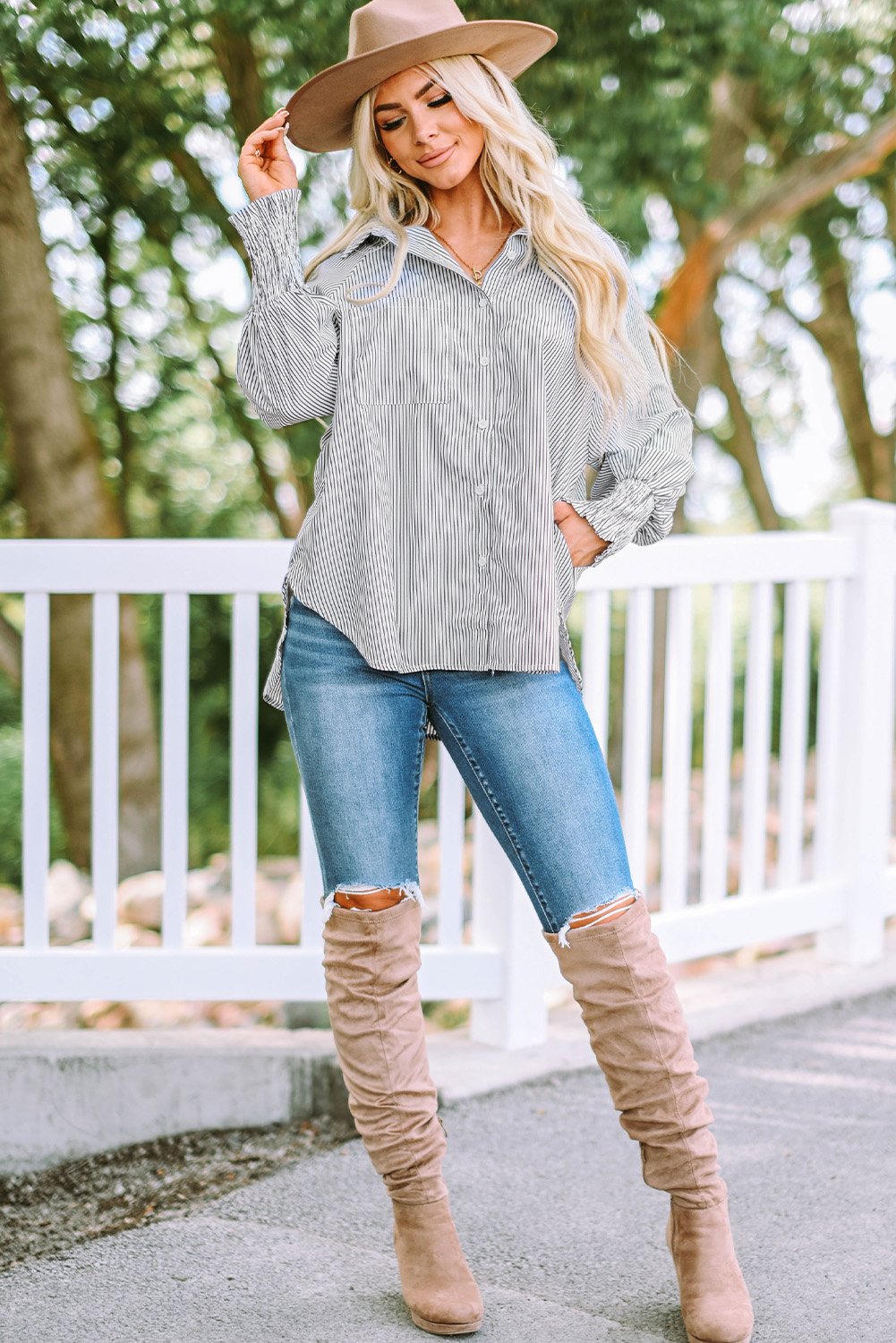 💥LAST DAY SALE 50% OFF💥Mid-Length Smocked Shirt With Striped Lapel And Oversized Drawdown Sleeves