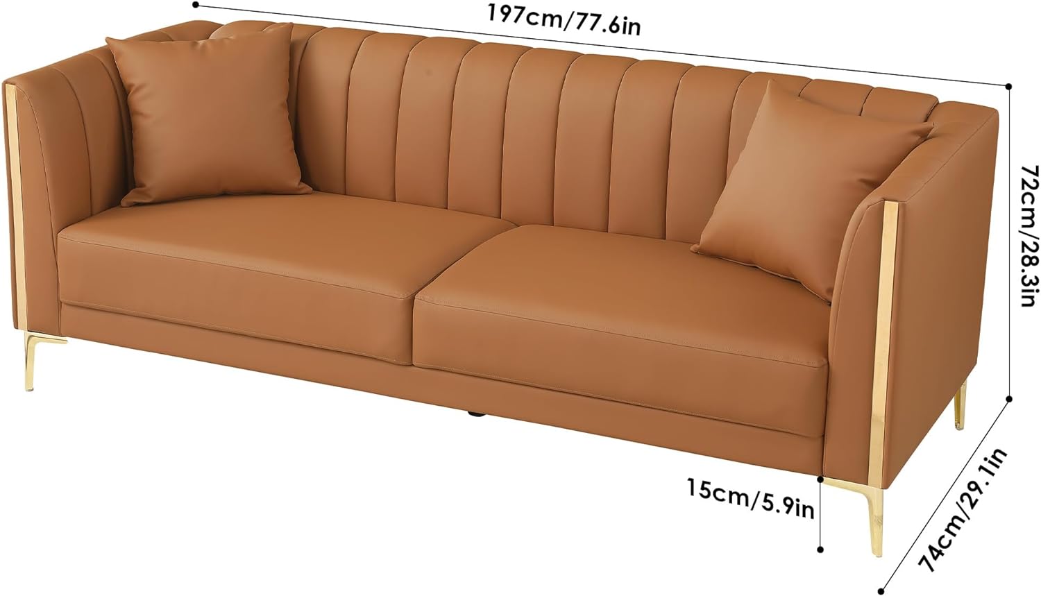 FOTOSOK 78'' Sofa, Modern White Couches for Living Room, Comfy, Faux Leather Sofa 3 Seater Sofa with 2 Throw Pillows and Gold Metal Legs, Deep Seat Sofas (Cream White)