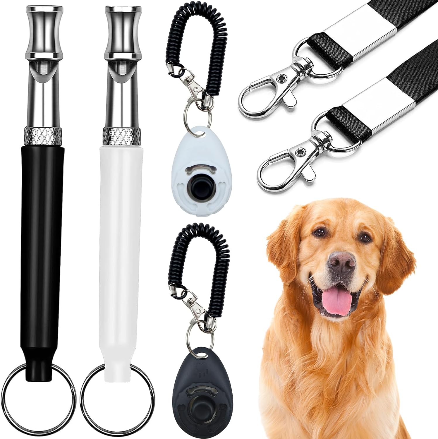 2 Pack Dog Whistle, 2 Pack Dog Clicker, 2Pack Lanyard, Dog Training Kit, Professional Recall Dog Training Whistles, Adjustable Ultrasonic Silent Dog Whistle (Black)