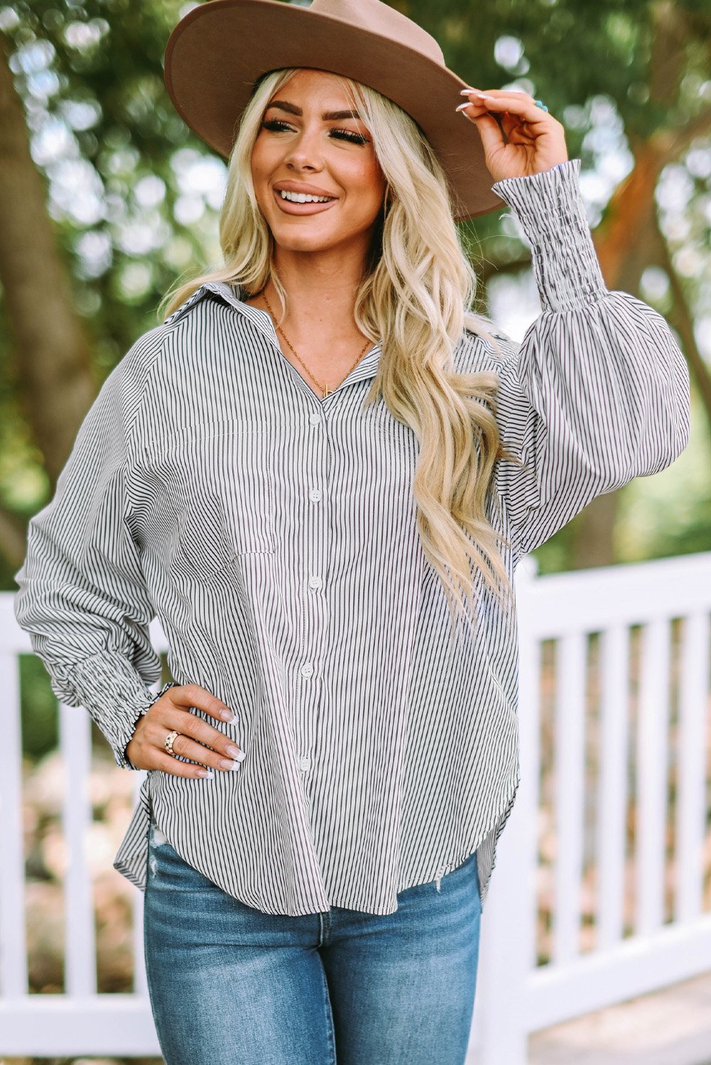 💥LAST DAY SALE 50% OFF💥Mid-Length Smocked Shirt With Striped Lapel And Oversized Drawdown Sleeves