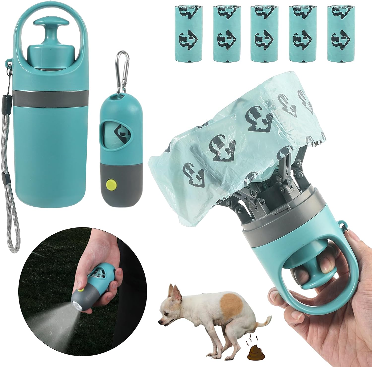 6 Pcs Portable Dog Poop Scooper Set with Holder & Claw Clip, Pooper Bag Dispenser with LED Flashlight, Leash Attachable, Dog Walker Waste Picker for Small Medium Large Dogs, 90 Bags Include