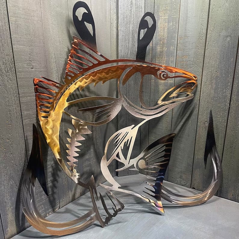 🔥Metal Bass Fish with Hooks Plasma Cut Sign Art