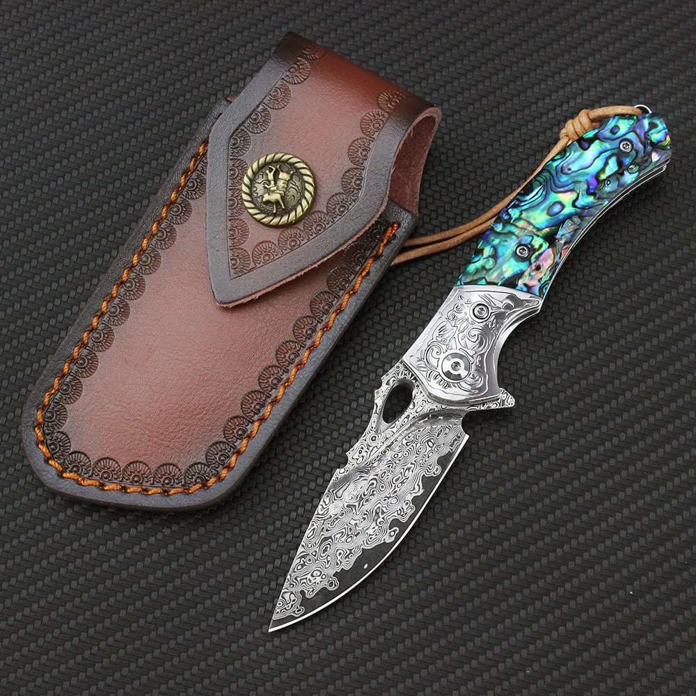 🐺 Damascus Pocket Knife – Handmade VG10 Steel with Abalone Shell Handle