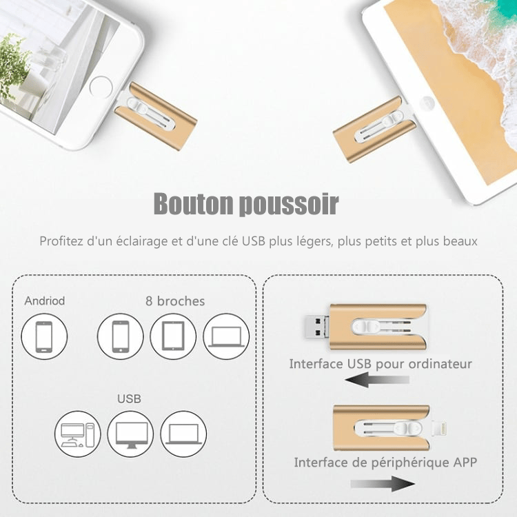🔥Clé USB 4 en 1 16 à 256 Go Micro USB + 8 broches + USB 3.0 pour téléphone portable et ordinateur