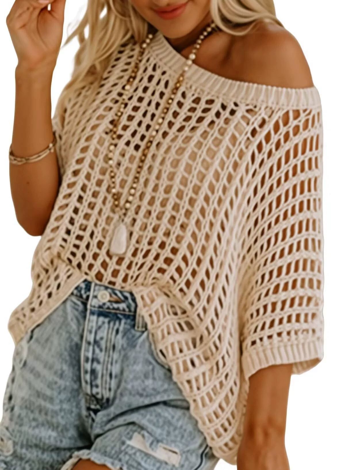 🎁TikTok Last Day Sale - 70% OFF🎉 Womens Summer Scoop Neck ShortSleeve Sweater Casual Crochet Hollow Out KnitTops