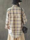 Hilary Lapel Polo Collar Vintage Matching Plaid Print Single-breasted Baggy Cotton Shirt