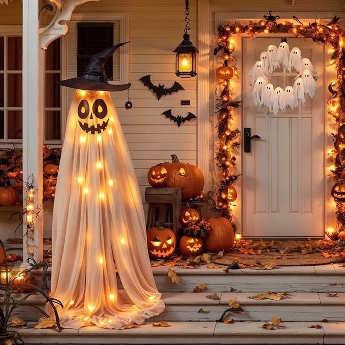 🎃 Handcrafted Adorable Ghost Halloween Wreath for Front Door – 🍁16-Inch Handmade Fall Decor 🎀