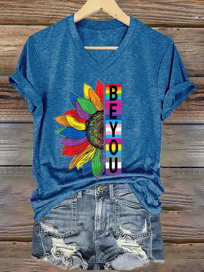Women's Rainbow Be Yourself V-Neck Print T-Shirt Top