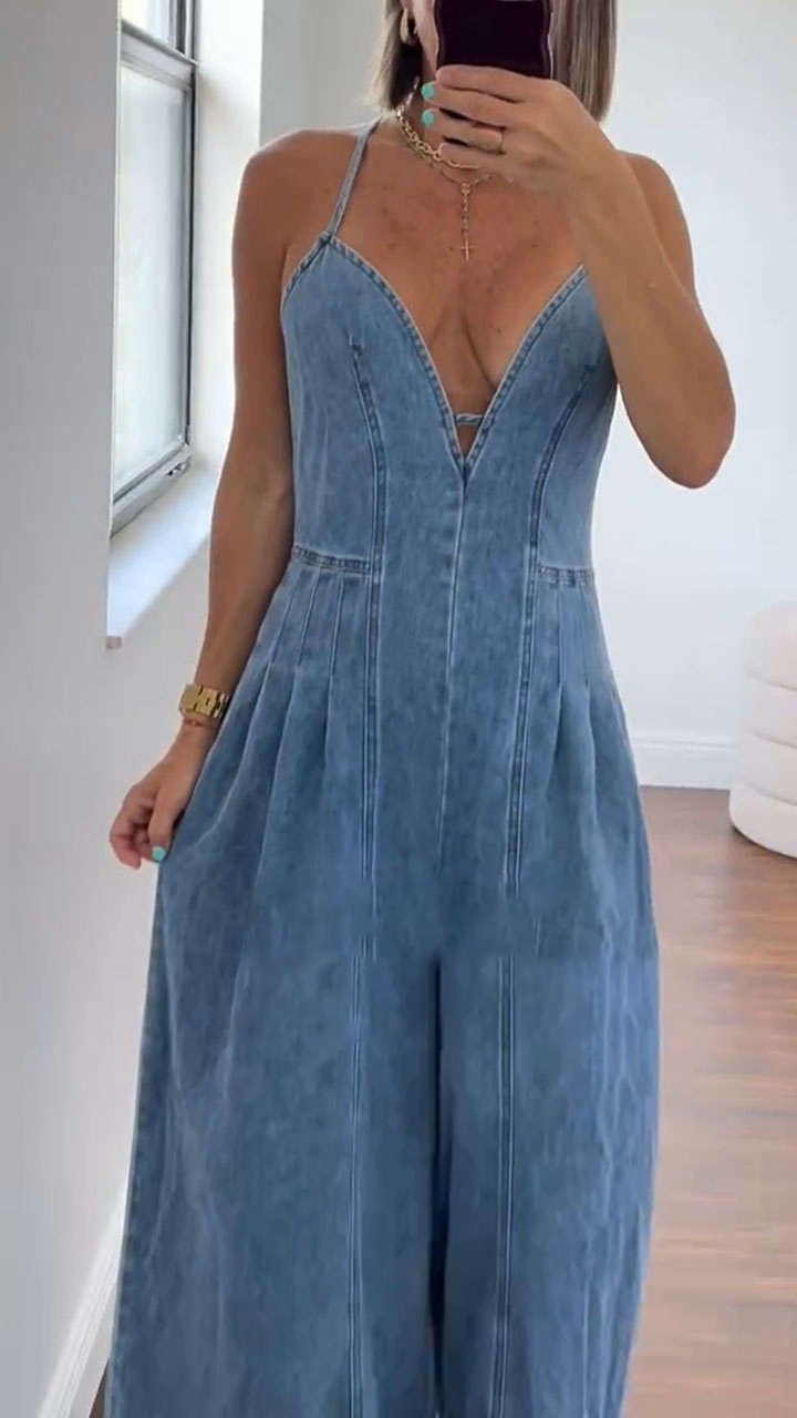 Women's V-neck Suspender Zipper Casual Denim Jumpsuit
