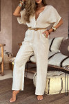 Women's V-neck Buttoned Cotton and Linen Casual Jumpsuit