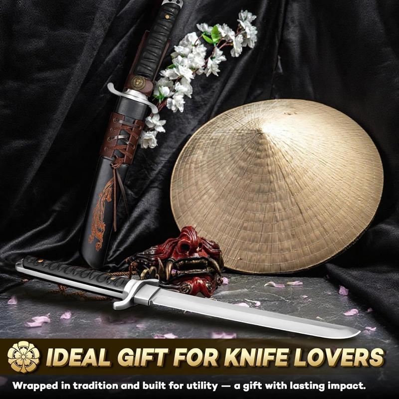 🗡️ Japanese Fixed Blade Knife – Hand-Forged Outdoor Knife with Phoenix Carved Sheath