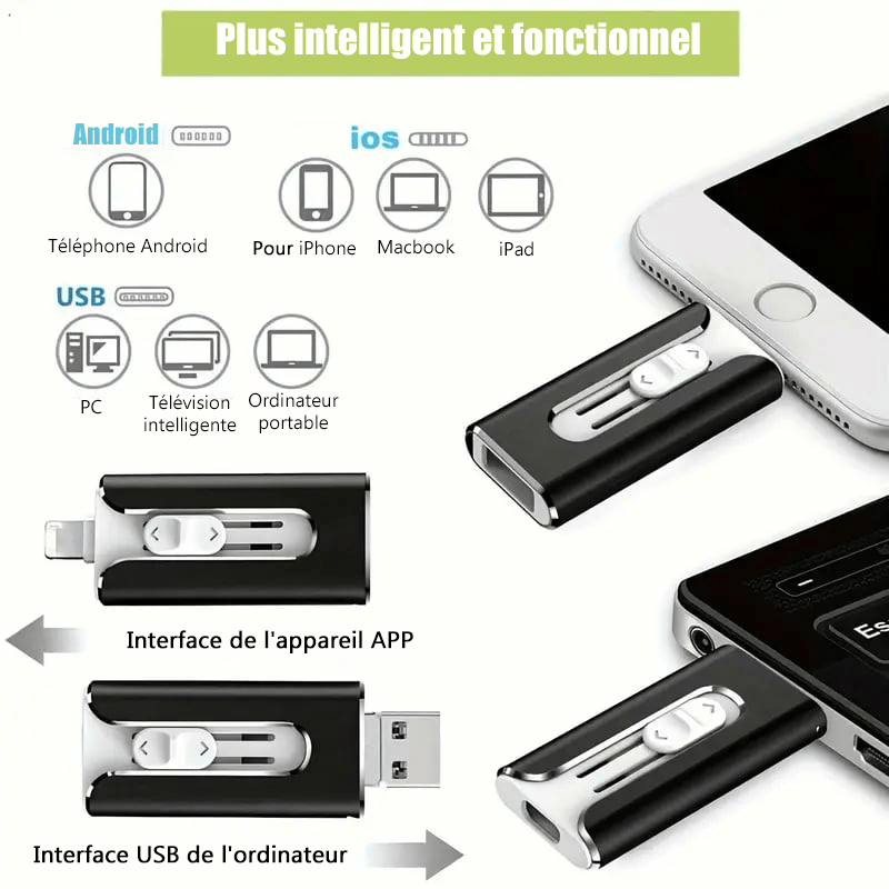 🔥Clé USB 4 en 1 16 à 256 Go Micro USB + 8 broches + USB 3.0 pour téléphone portable et ordinateur