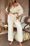 Women's V-neck Buttoned Cotton and Linen Casual Jumpsuit