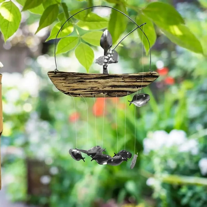 ❤️Handmade Fisherman Man Spoon Fish Sculpture Wind Chime