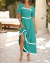 BTFBM Women's 2024 Summer Square Neck Short Puff Sleeve Dress Casual RIC Rac Tie Back Smocked A Line Flowy Maxi Dresses