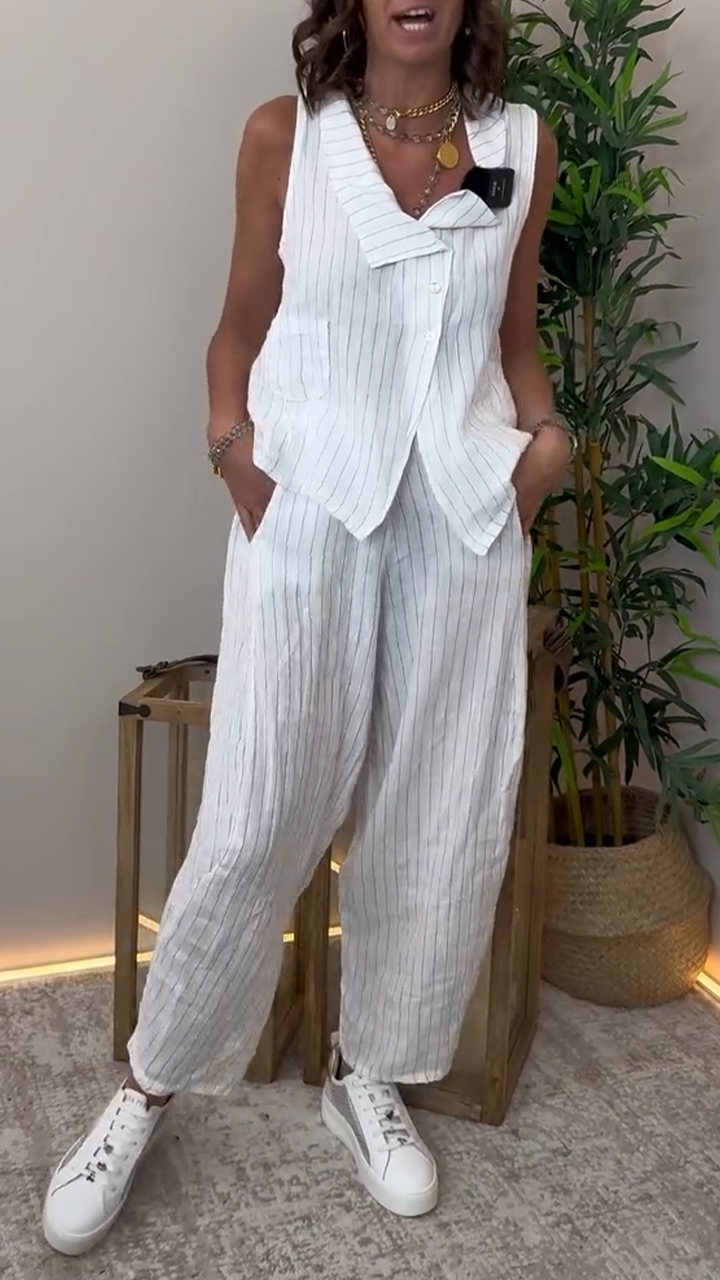 Women's Lapel Striped Cotton and Linen Casual Suit