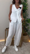 Women's Lapel Striped Cotton and Linen Casual Suit