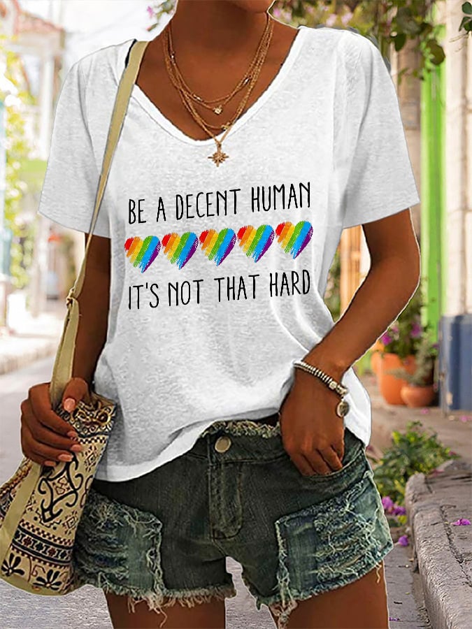 V-Neck Retro Be A Decent Human It's Not That Hard Print T-Shirt