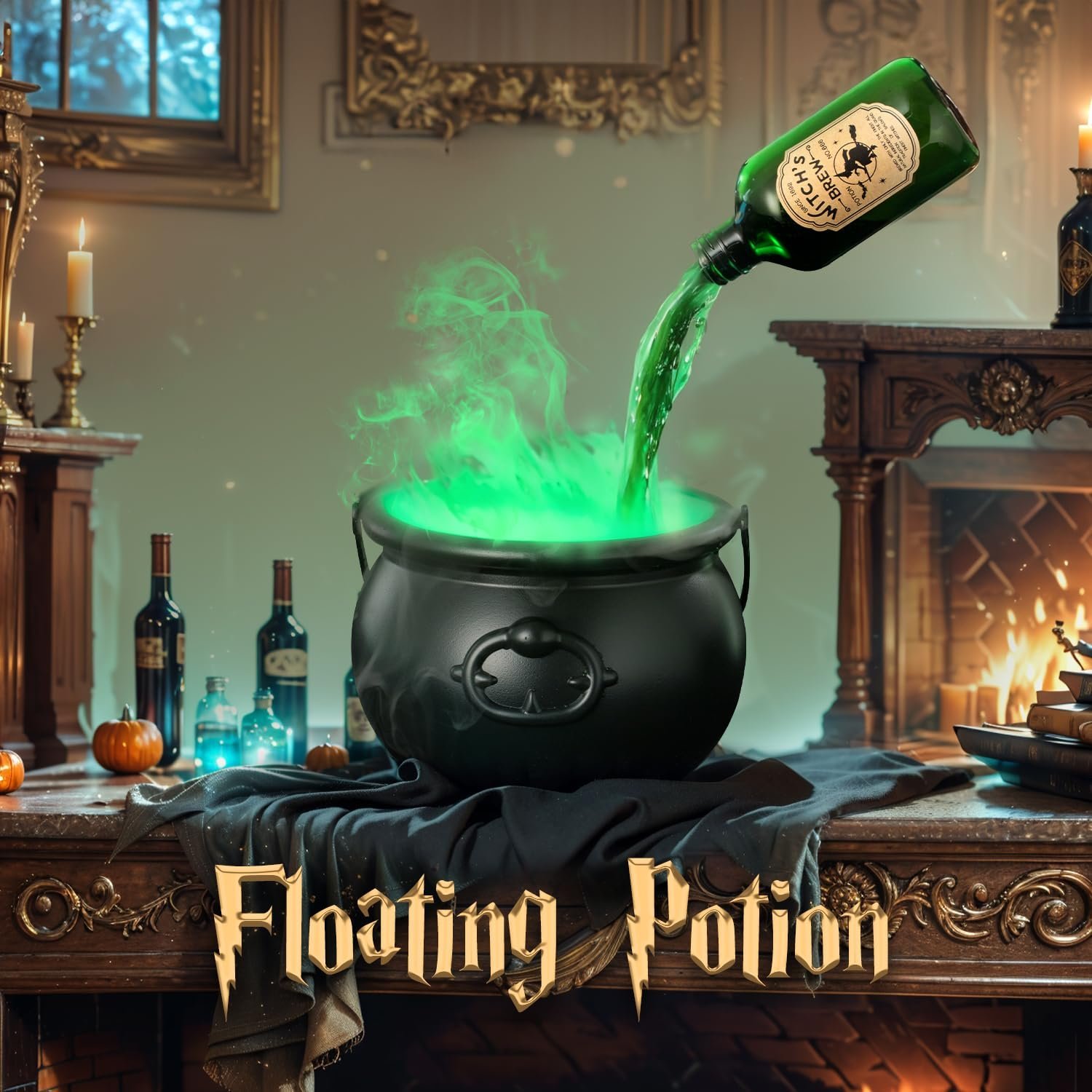 Halloween Witches Cauldron with Magical Floating Potion Bottles and Fog Maker Diffuser