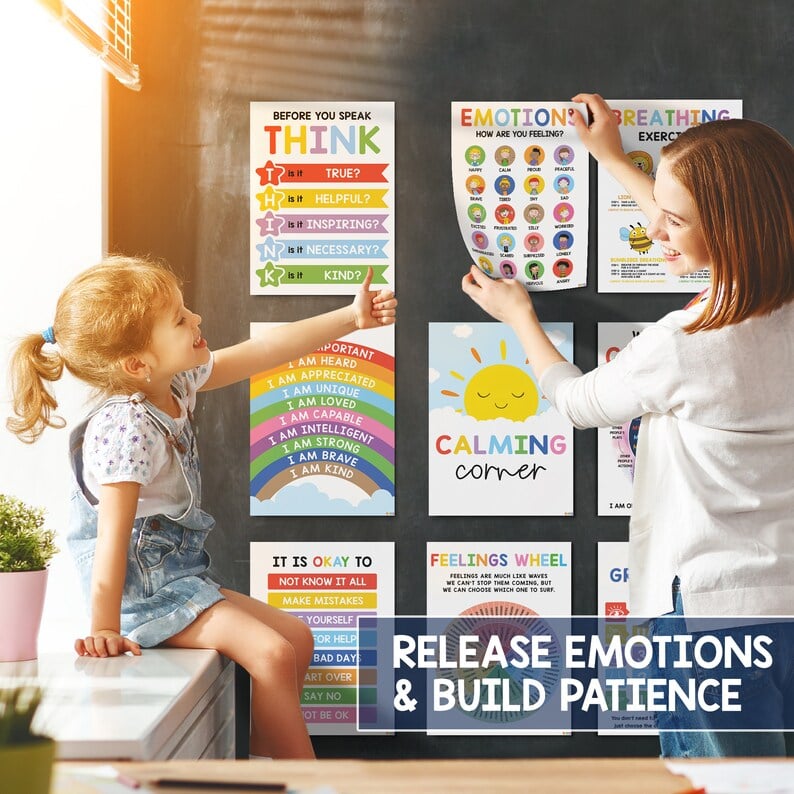 ⏰LAST DAY SALE 50% OFF💥12 Pcs Calming Corner Posters – Emotions Chart & Feelings Wheel