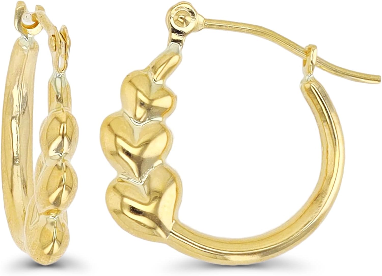 14K Gold Solid Hypoallergenic Heart Hoop Earrings - Tricolor Gold, Two Tone, Heart Shaped, Triple Heart, Shrimp Hoops