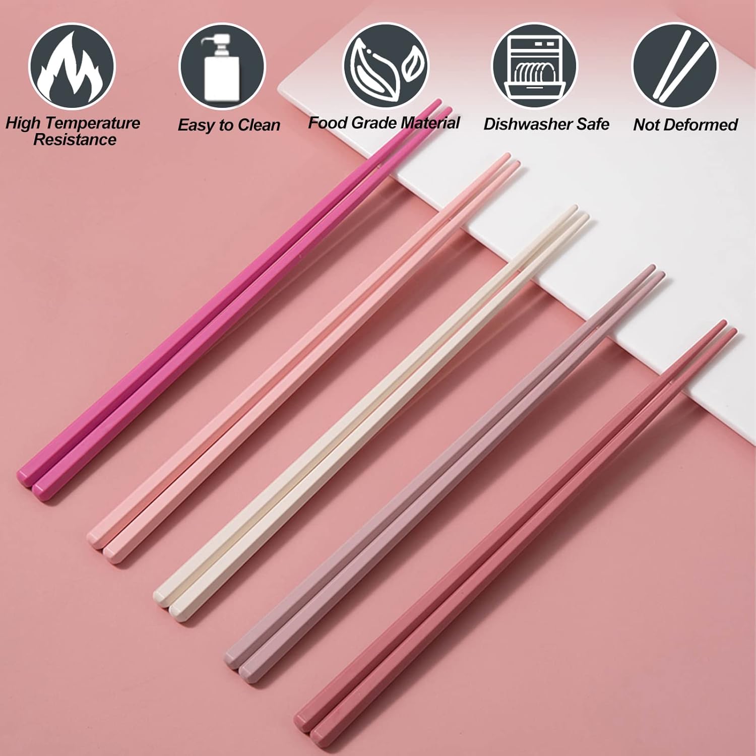 Chopsticks Reusable Dishwasher Safe, 9.57 inches Premium Non-slip Lightweight Fiberglass Chop Sticks, Japanese Chinese Chopstick Gift Set for Party, Pink- 5 Pairs