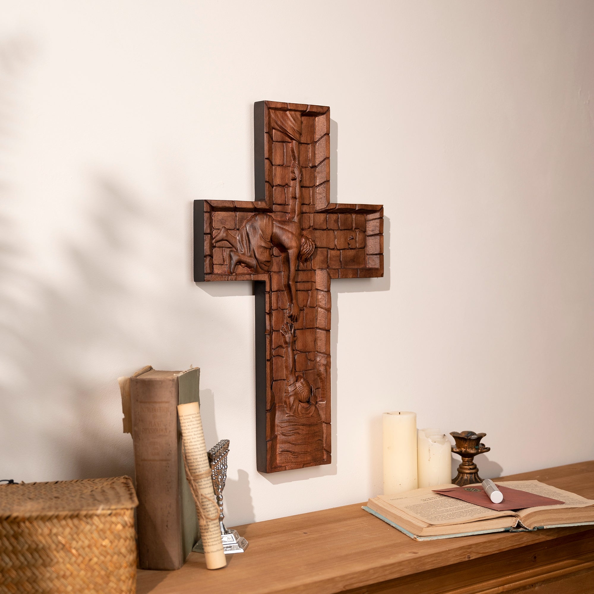 BGCOPPER Savior Jesus Cross - Carved from Natural Wood