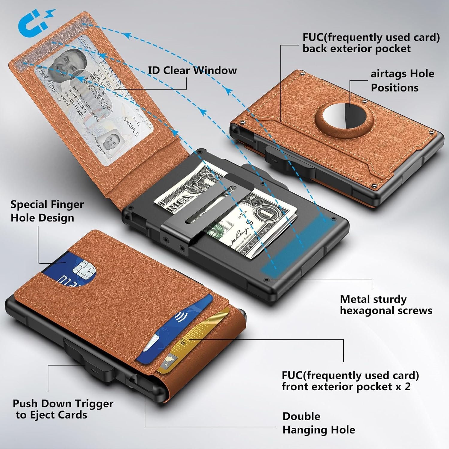 ✨Wallet for Men - with Pop Up Aluminum Case Money Clip Slim Leather Slots Credit Card Holder RFID Blocking Bifold Minimalist Wallet