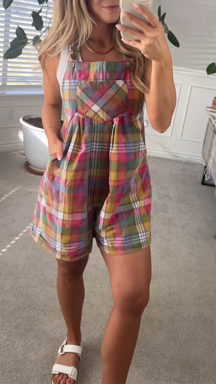 Women's Double Pocket Colorful Plaid Casual Overalls