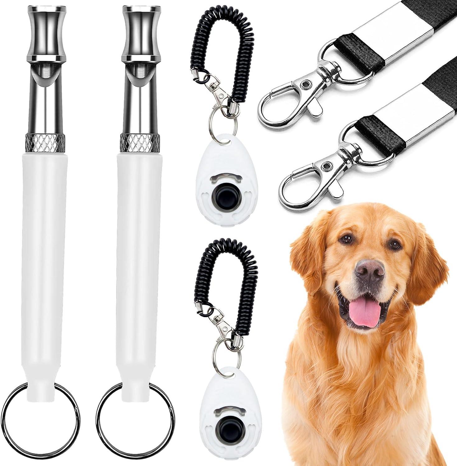 2 Pack Dog Whistle, 2 Pack Dog Clicker, 2Pack Lanyard, Dog Training Kit, Professional Recall Dog Training Whistles, Adjustable Ultrasonic Silent Dog Whistle (Black)