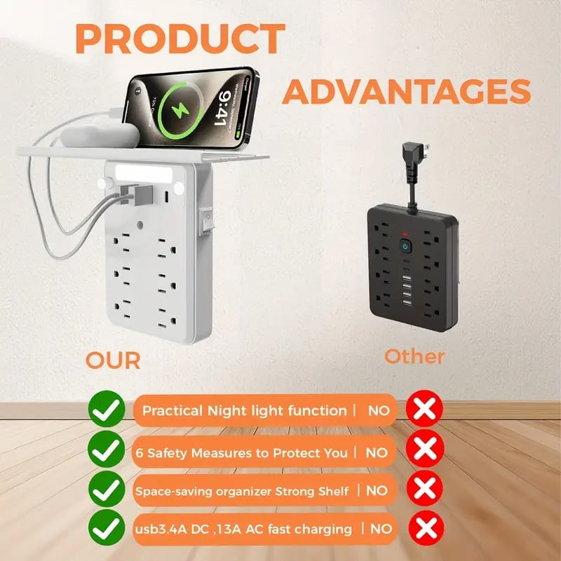 🎁TikTok Last Day Sale - 70% OFF🎉Wall Outlet Extender with Shelf Night